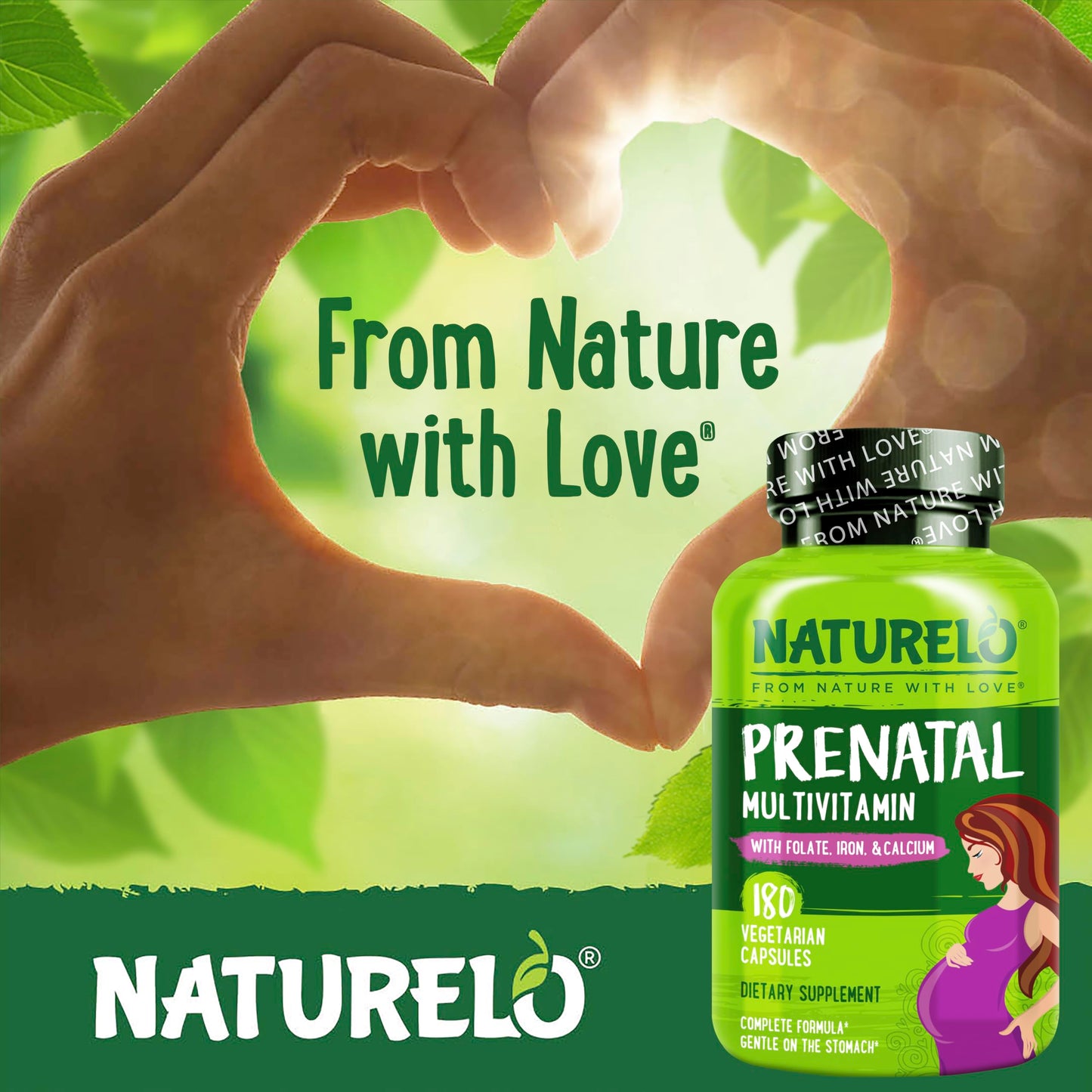 NATURELO Prenatal Multivitamin with Gentle Chelated Iron, Methyl Folate, Plant Calcium & Choline - Vegan, Vegetarian - Non-GMO - Gluten Free - 180 Capsules - 2 Month Supply