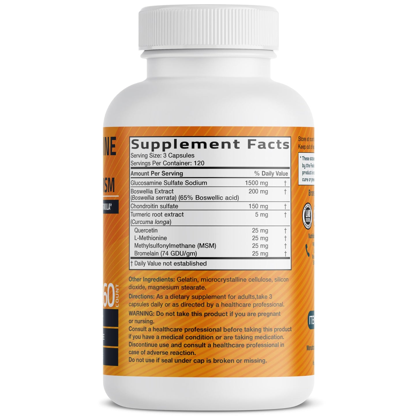 Bronson Glucosamine Chondroitin Turmeric & MSM Joint Support, 60 Capsules | Standardized Boswellia, Shellfish-Free Glucosamine, Mobility & Comfort Support, Non-GMO, Gluten-Free & Soy-Free
