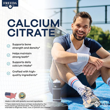 FREEDA Calcium Citrate 1000mg Supplement for Bone Support – 250 Tablets | Supports Bone Strength, Teeth, & Muscle Function – Highly Absorbable Calcium Formula – No Vit D, Vegan, Kosher, Made in USA