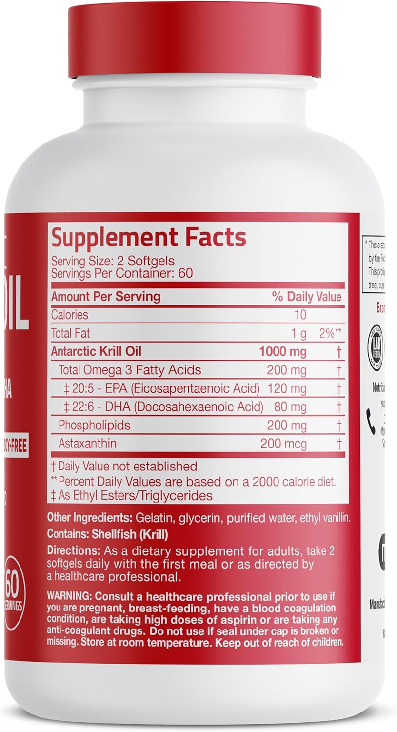 Bronson Antarctic Krill Oil 1000 mg with Omega-3s, 120 Softgels | Heavy Metal Tested, with EPA, DHA, Astaxanthin and Phospholipids, Non-GMO, Gluten Free, Soy Free