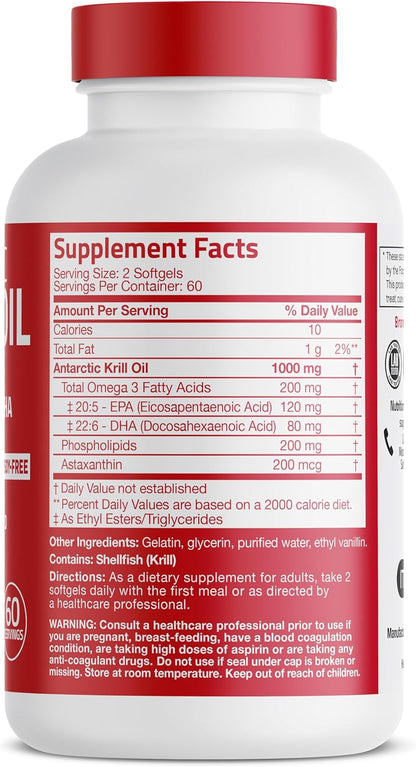 Bronson Antarctic Krill Oil 1000 mg with Omega-3s, 120 Softgels | Heavy Metal Tested, with EPA, DHA, Astaxanthin and Phospholipids, Non-GMO, Gluten Free, Soy Free