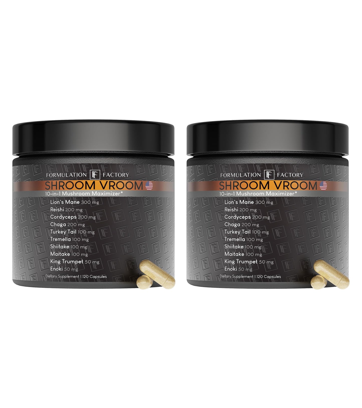 Formulation Factory Shroom Vroom 10-in-1 Mushroom Complex (2-Pack) with Lion's Mane, Reishi, Cordyceps, Chaga, Turkey Tail, Tremella, Maitake, Shiitake & More - 120 Capsules, 2 Month Supply