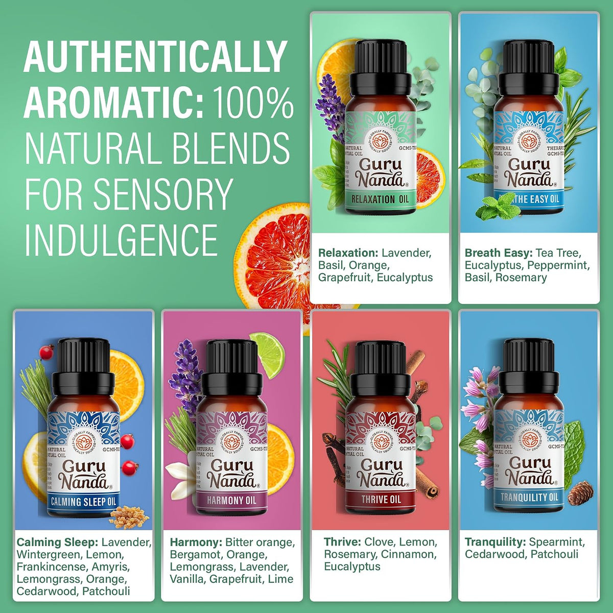 GuruNanda Essential Oil Blends – 6 Pack (10mL Each), Breathe Easy, Tranquility, Relaxation, Harmony, Calming Sleep & Thrive, Natural Aromatherapy Oils for Diffuser, Wellness & DIY