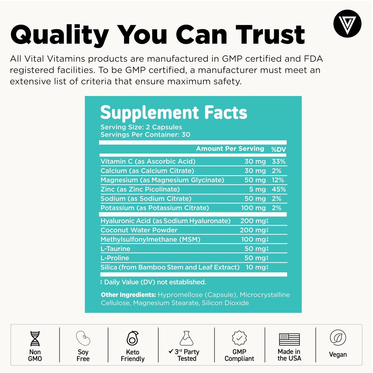 Vital Vitamins Hyaluronic Acid Supplements, 60 Capsules | 200mg Low Molecular Weight HA, Supports Skin Hydration, Elasticity & Joint Comfort, Vegan & Non-GMO