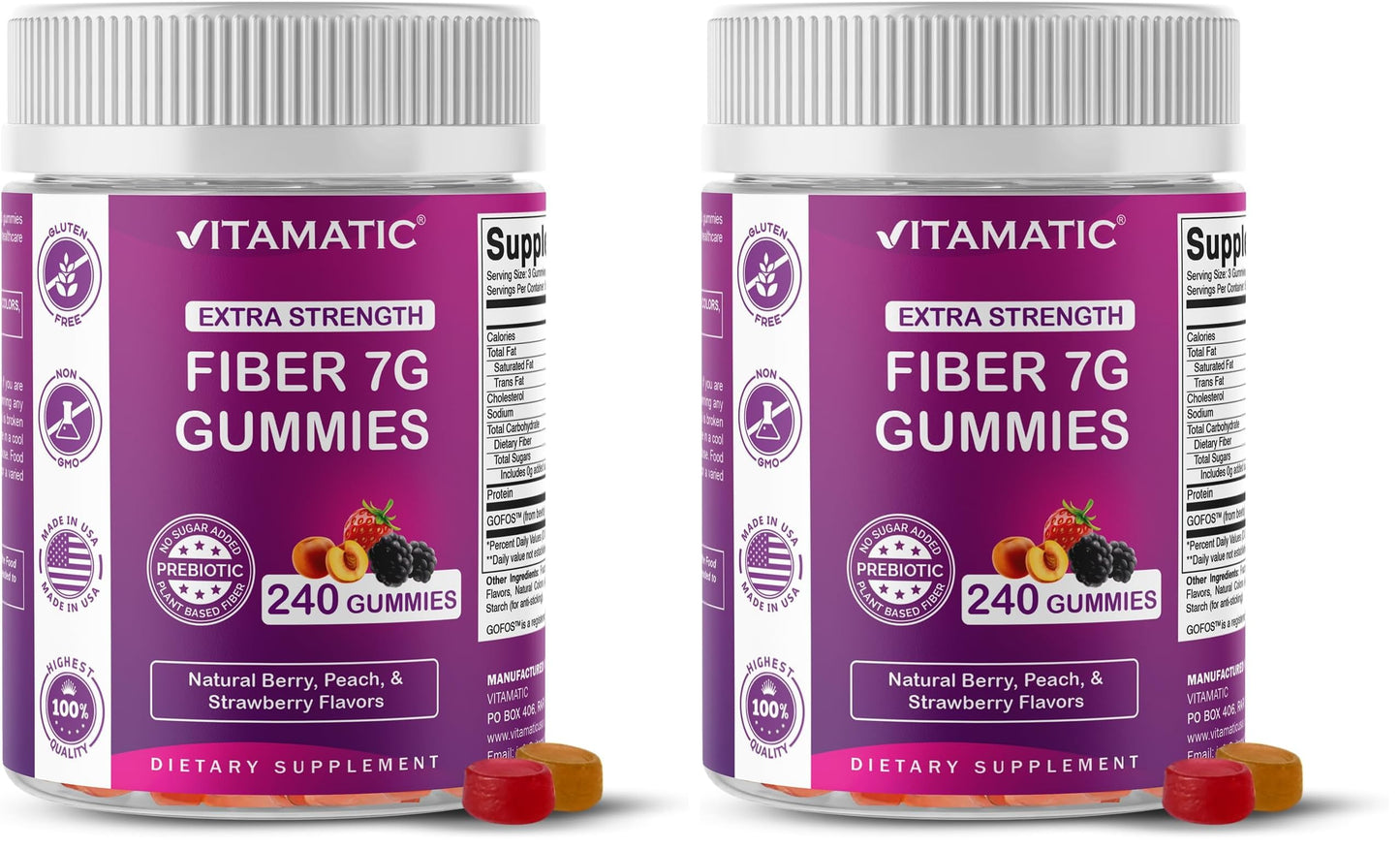 Vitamatic Prebiotic Fiber Gummies for Adults, 7G Extra Strength, Zero Sugar Added, 240 Pectin Based Gummies, Digestive Health & Regularity Support