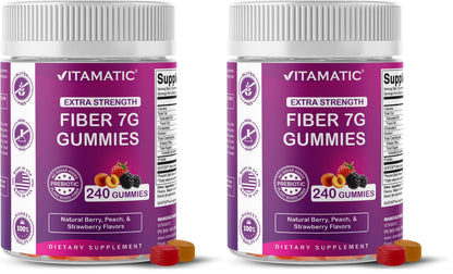 Vitamatic Prebiotic Fiber Gummies for Adults, 7G Extra Strength, Zero Sugar Added, 240 Pectin Based Gummies, Digestive Health & Regularity Support