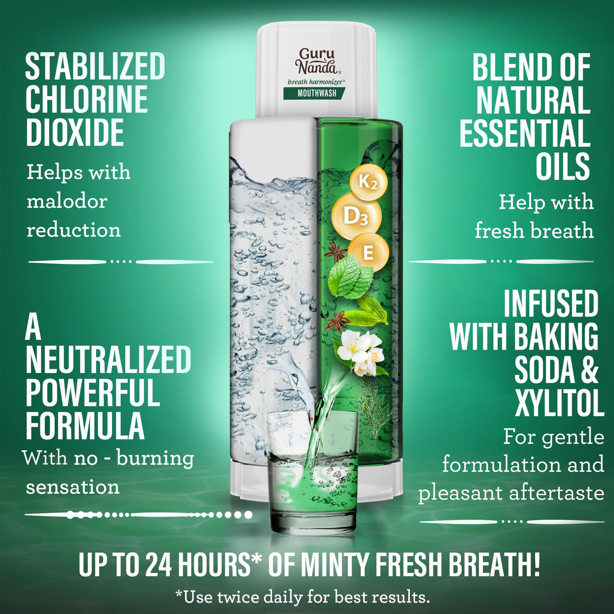 GuruNanda Dual Barrel Fresh Breath Mouthwash with Xylitol, Mint, 3x20 oz