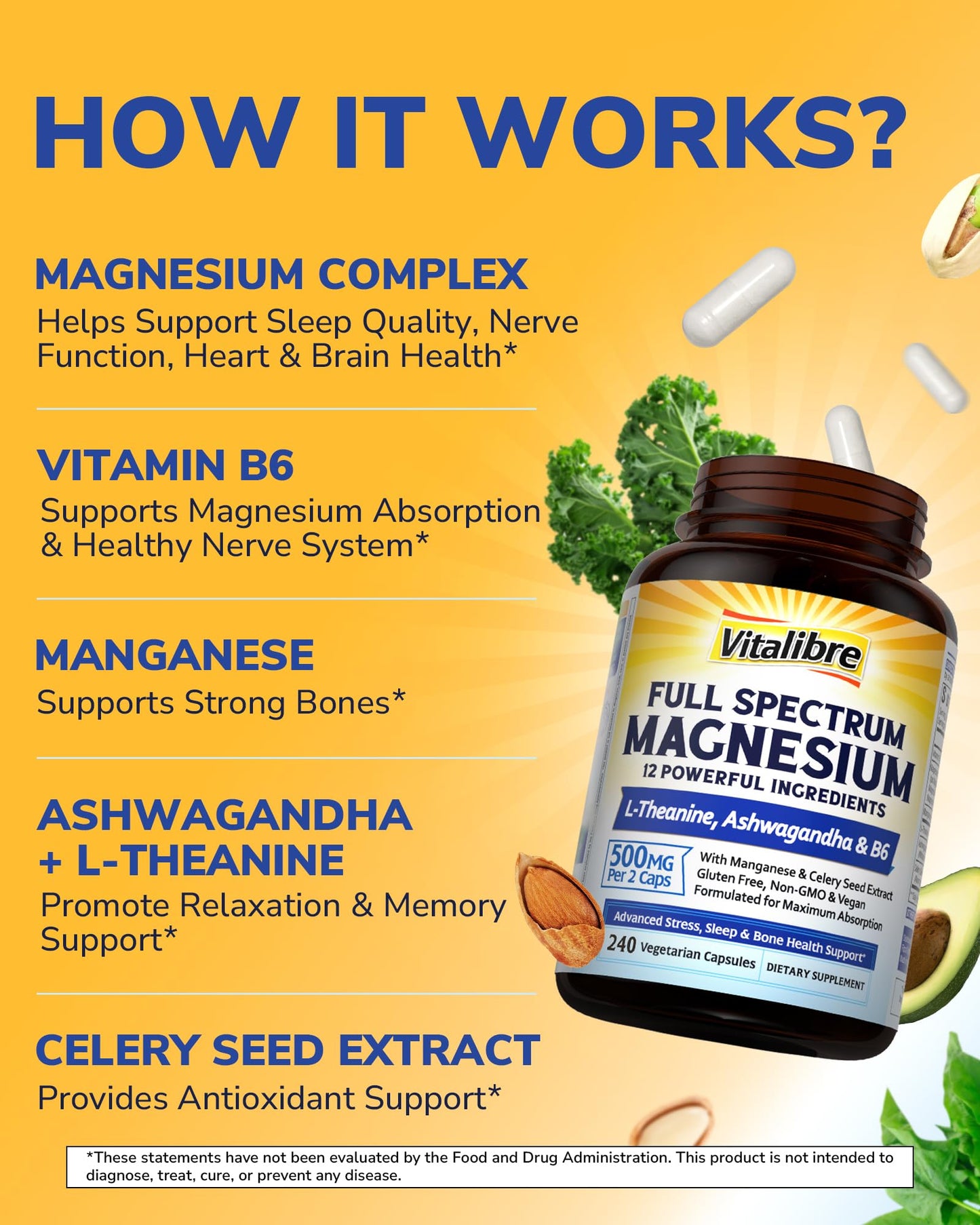 Vitalibre Magnesium Complex 500mg for Women Men, 120 Vegan Capsules | with Ashwagandha, L-Theanine, Vitamin B6 & Celery, High Absorption Magnesium Glycinate, Citrate, Malate, Sleep & Bone Support