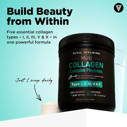 Vital Vitamins Multi Collagen Complex Powder for Hair, Skin, Nails & Joints | 5 Collagen Peptides Types I II III V & X, Unflavored, Easy to Dissolve, Scoop Included Inside, 30 Servings