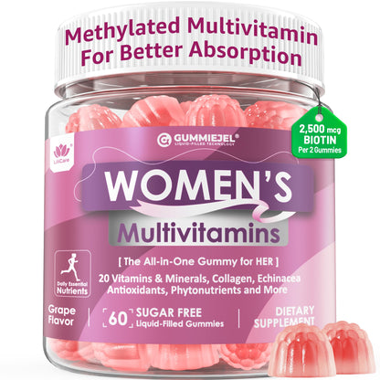Womens Multivitamin Gummy, Methylated Multivitamin for Women, GLP-1 Friendly, Biotin, Iron, Collagen, Methylfolate, B Complex, Women's Complete Support, Hair Skin and Nails Vitamins, No Sugar, 60 Cts