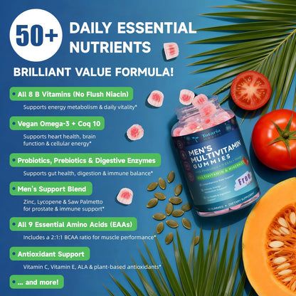 Totaria Sugar Free Multivitamin for Men with Omega 3, Probiotics, Mens Multivitamins Gummies w/Methylated B Complex, EAAs, Lycopene, Zinc, for Daily Energy, Immune, Heart, Iron Free, 60 Count