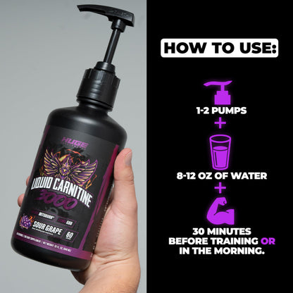 Huge Supplements Liquid L-Carnitine 3000, Superior Potency Infused with 500mg MitoBurn & 25mg GBB, Premium Stim-Free & Energy Boost, Convenient Pump Top, 32 Oz (60 Servings)