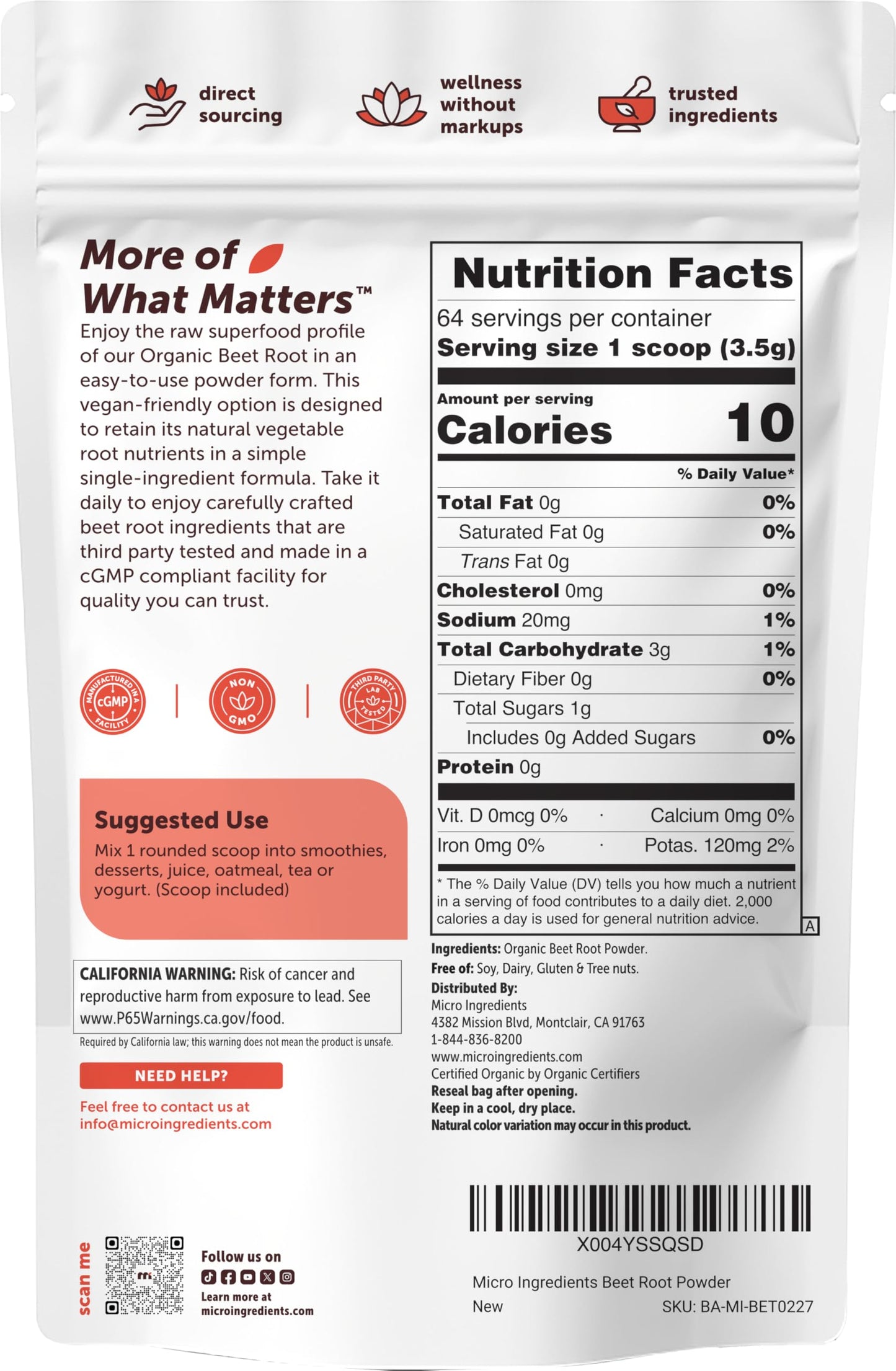 Micro Ingredients Organic Beet Root Powder, 2lb | Water Soluble, Highly Concentrated Raw Beet Supplement | Superfood Drink Mix | Non-GMO, Vegan Friendly, Plant Based
