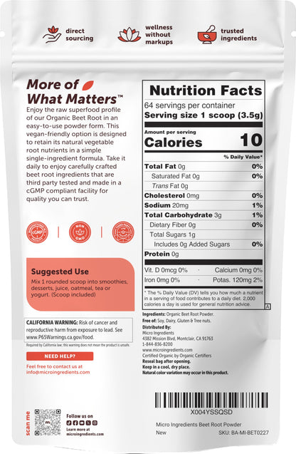Micro Ingredients Organic Beet Root Powder, 2lb | Water Soluble, Highly Concentrated Raw Beet Supplement | Superfood Drink Mix | Non-GMO, Vegan Friendly, Plant Based
