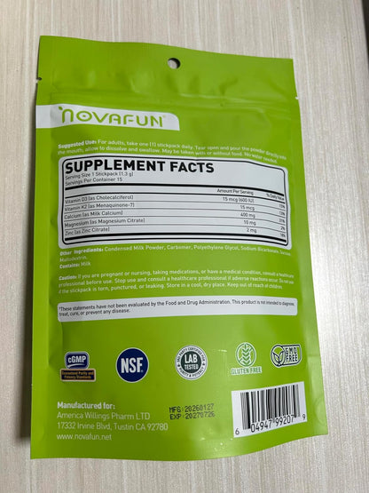 Milk Calcium Powder Supplement with Vitamin D3 & K2 MK7 – Hydrogel-Enhanced Absorption, Melt-in-Mouth Powder for Bone Strength, Gentle & Sugar-Free – 15 Stick Packs