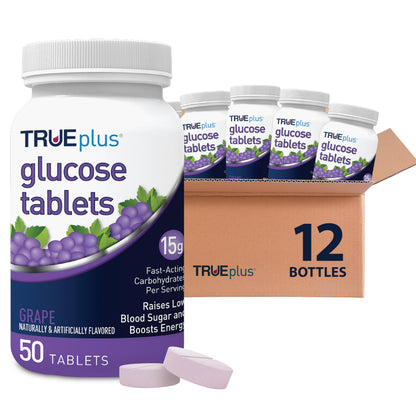 TRUEplus Glucose Tablets, Grape, Raspberry, Orange Flavors, 50 Count | Chewable Tablets, 15g Fast-Acting Carbohydrates, Fat Free, Gluten Free, Boosts Energy, Great Tasting and Easy to Use