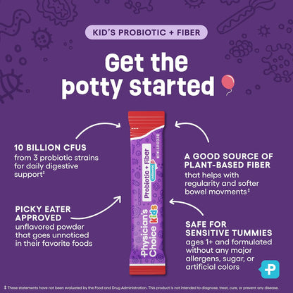 Physician's Choice Kids Probiotic + Prebiotic Fiber Packets (Ages 1+) - Supports Regularity, Occasional Constipation & A Healthy Digestive System - No Allergens or Preservatives - Unflavored - 24 Pack