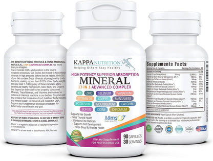 KAPPA NUTRITION Mineral 13 in 1 Advanced Complex with Albion® Chelated Minerals & MenaQ7® MK-7 Vitamin K2 | Calcium, Zinc, Selenium, Chromium, Iodine & Trace Minerals | 90 Vegan Capsules
