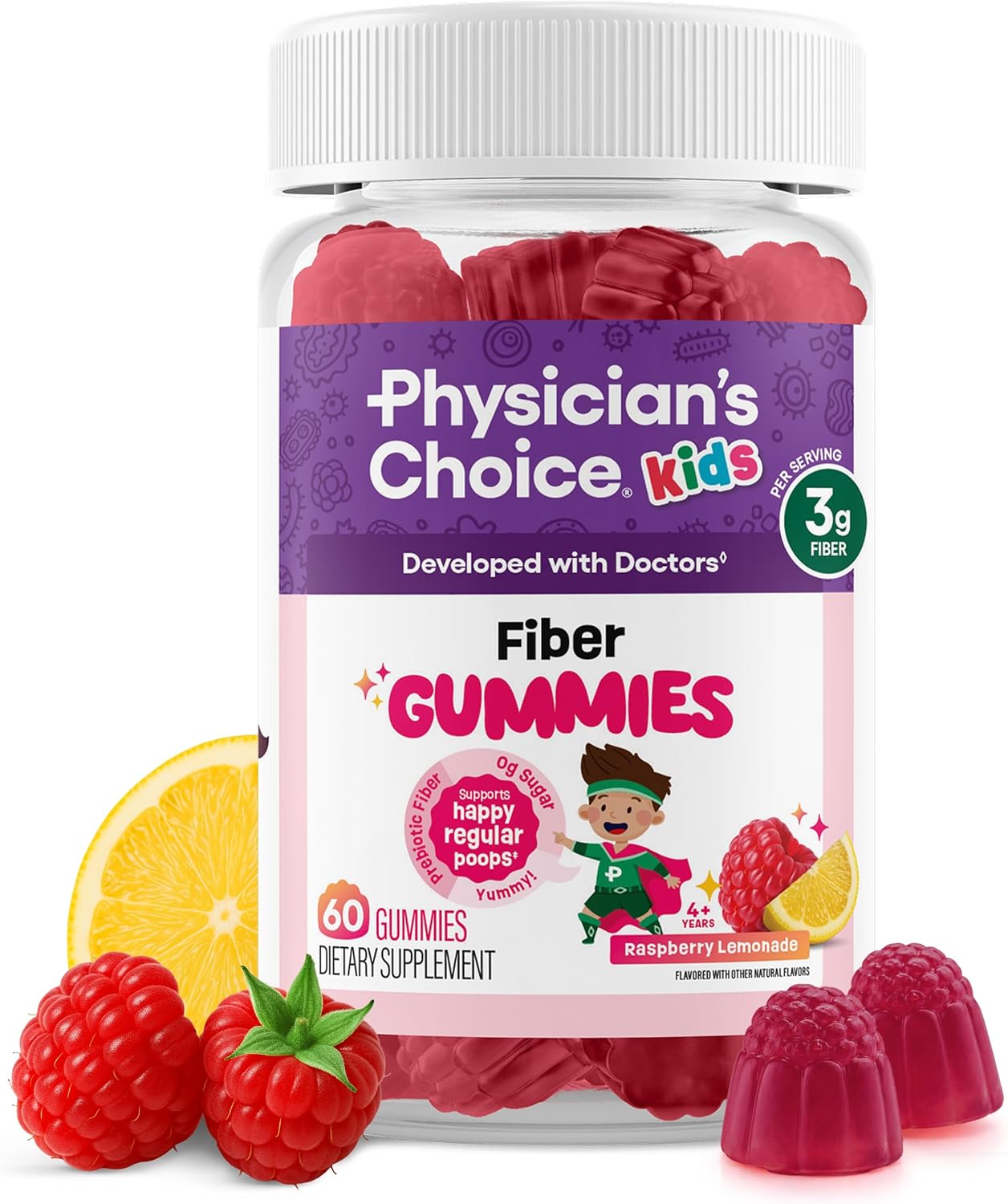 Physician's Choice Fiber Gummies for Kids - Supports Regularity, Occasional Constipation & Digestive Health - Sugar Free, Vegan, No Artificial Flavors - 3g Prebiotic Fiber - Raspberry Lemonade - 60 CT