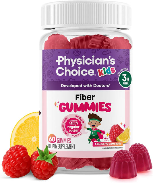 Physician's Choice Fiber Gummies for Kids - Supports Regularity, Occasional Constipation & Digestive Health - Sugar Free, Vegan, No Artificial Flavors - 3g Prebiotic Fiber - Raspberry Lemonade - 60 CT