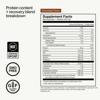 Momentous Recovery Grass-Fed Whey Protein Powder - 20 g Post-Workout Whey Isolate Protein - NSF Certified for Sport - Gluten-Free - 15 Servings - Chocolate - Package May Vary