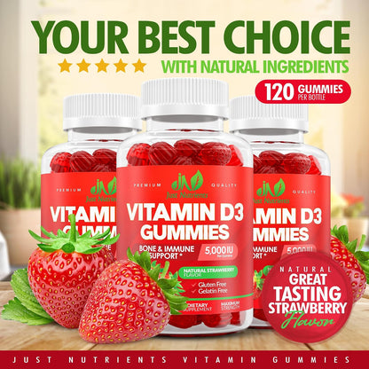 Vitamin D3 5000/10000 IU Gummies for Adults & Kids (120 Count) | Maximum Strength Support for Immune System, Bones & Teeth - Gluten-Free, Great Tasting Strawberry Flavor - 4 Month Supply