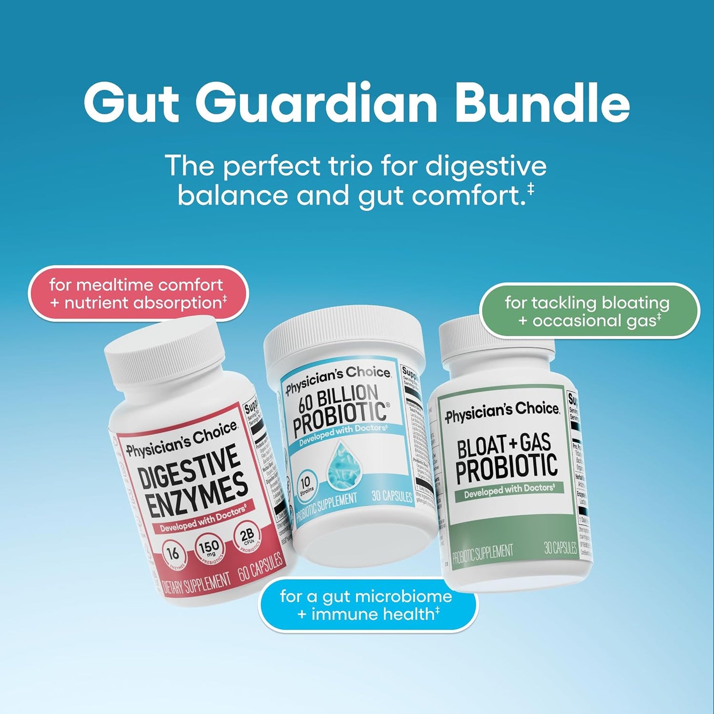 Physician's CHOICE Gut Guardian Bundle: 60 Billion Probiotic 30ct + Bloat & Gas Probiotic 30ct + Digestive Enzymes 60ct