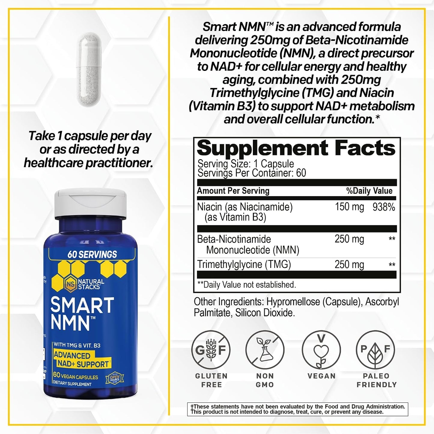 Smart NMN NAD Supplement, Healthy Aging Support With TMG - 60 Capsules | Advanced Nicotinamide Mononucleotide Formula for NAD+ production - Supports Long Term Brain Health - Natural Stacks
