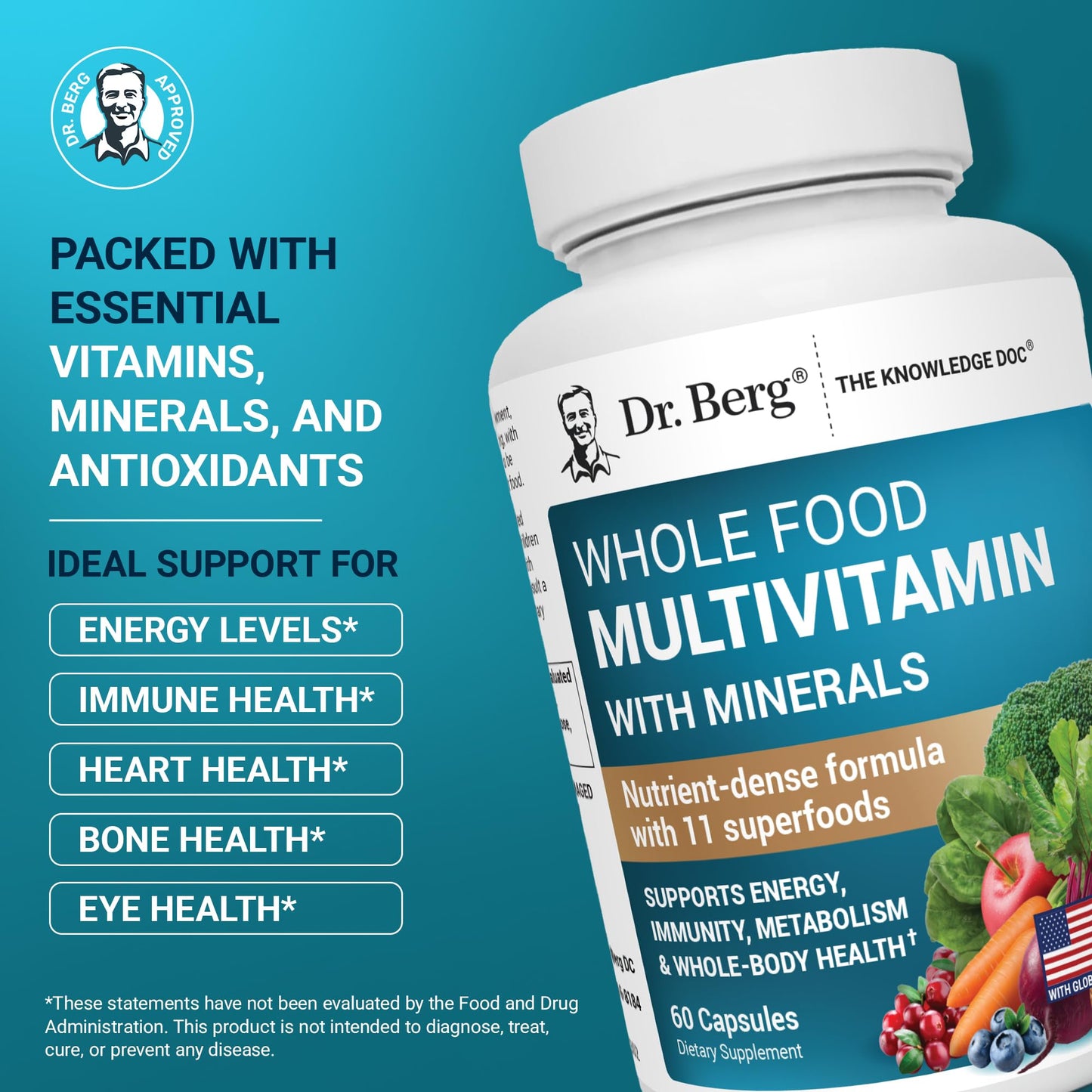 Dr. Berg Whole Food Multivitamin with Minerals - Daily Multivitamin for Men and Women - Includes Premium Whole Food Fruits and Vegetable Blend with Folate, Alpha-lipoic Acid and More - 60 Capsules