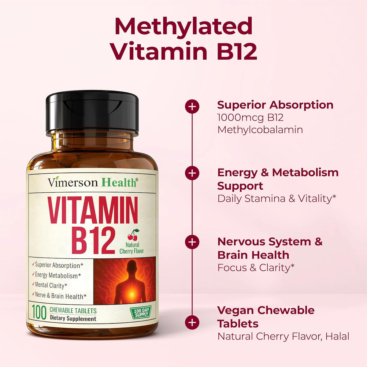 Vitamin B12 1000 mcg – Chewable Methylated B12 (Methylcobalamin B12) for Energy & Metabolism Support – Methylated B Complex for Superior Absorption – 100 Natural Cherry-Flavored Tablets - Vegan