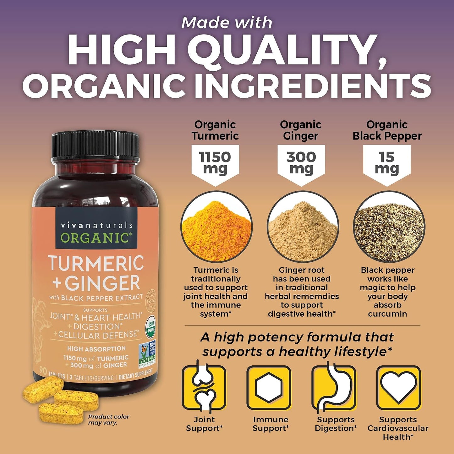 Viva Naturals Organic Turmeric Curcumin Supplement with Black Pepper and Ginger and Elderberry, Vitamin C, Zinc and Vitamin D3 5000 IU Bundle for Joint, Immune Support, Heart, Digestive Health