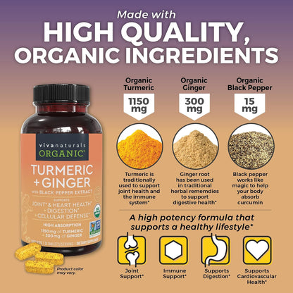Viva Naturals Organic Turmeric Curcumin Supplement with Black Pepper and Ginger and Elderberry, Vitamin C, Zinc and Vitamin D3 5000 IU Bundle for Joint, Immune Support, Heart, Digestive Health