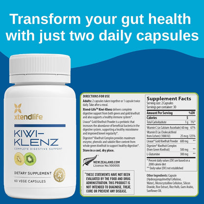 Xtendlife Kiwi-Klenz Digestive and Gut Support Supplement for Bloating, Gas, and Indigestion - Natural Prebiotic with Health Enzymes - 30 Day Supply