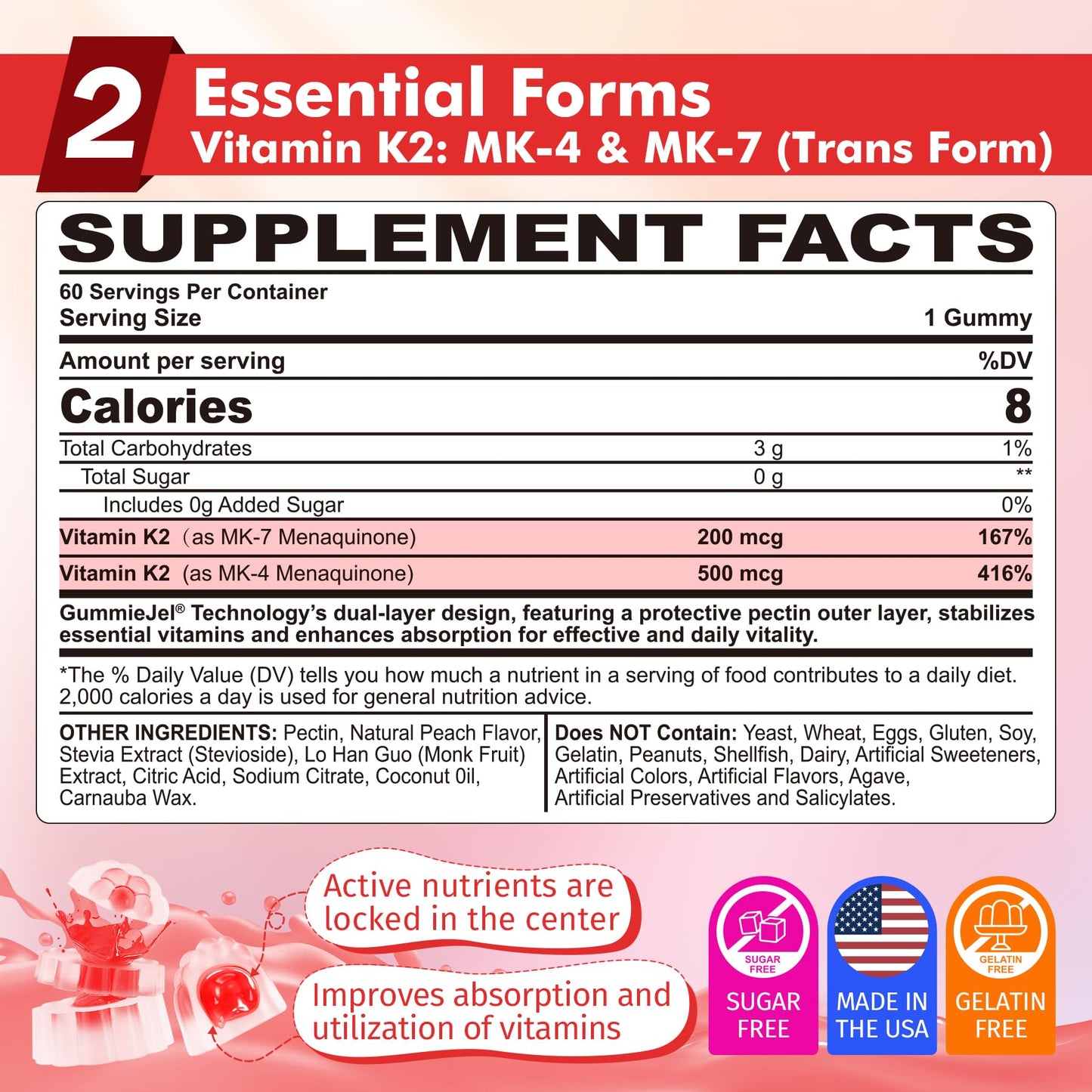 Vitamin K2 Gummies MK-7 200 mcg & MK-4 500 mcg for Women & Men Sugar Free, Perfect 2-IN-1 Full Spectrum Vitamin K2 Supplement for Bone, He-art, Promotes Calcium Absorption, Brain, Teeth, Immune,1Pack