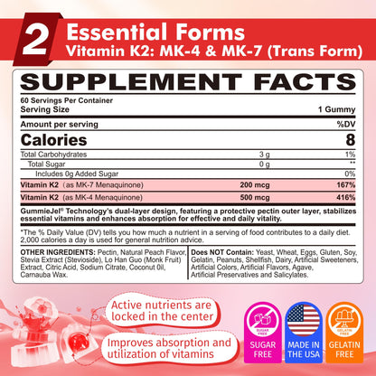 Vitamin K2 Gummies MK-7 200 mcg & MK-4 500 mcg for Women & Men Sugar Free, Perfect 2-IN-1 Full Spectrum Vitamin K2 Supplement for Bone, He-art, Promotes Calcium Absorption, Brain, Teeth, Immune,1Pack