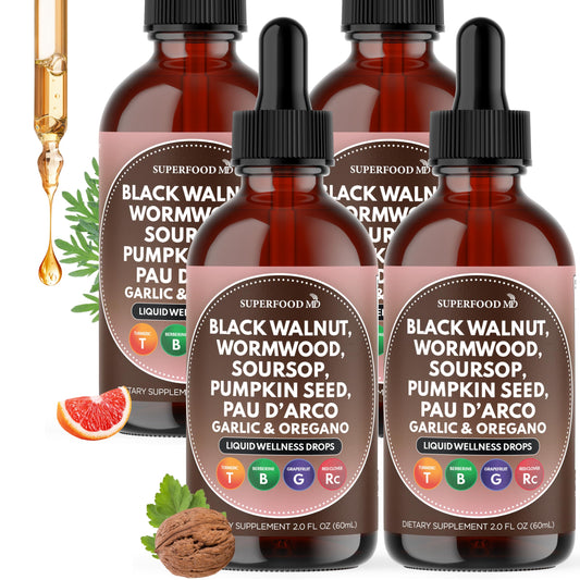 Wormwood Black Walnut Cleanse for Humans Drops Liquid Soursop Garlic Pumpkin Seed PAU D'Arco Oil of Oregano Turmeric Berberine Neem Extract Hull Bark Tincture - 4 oz