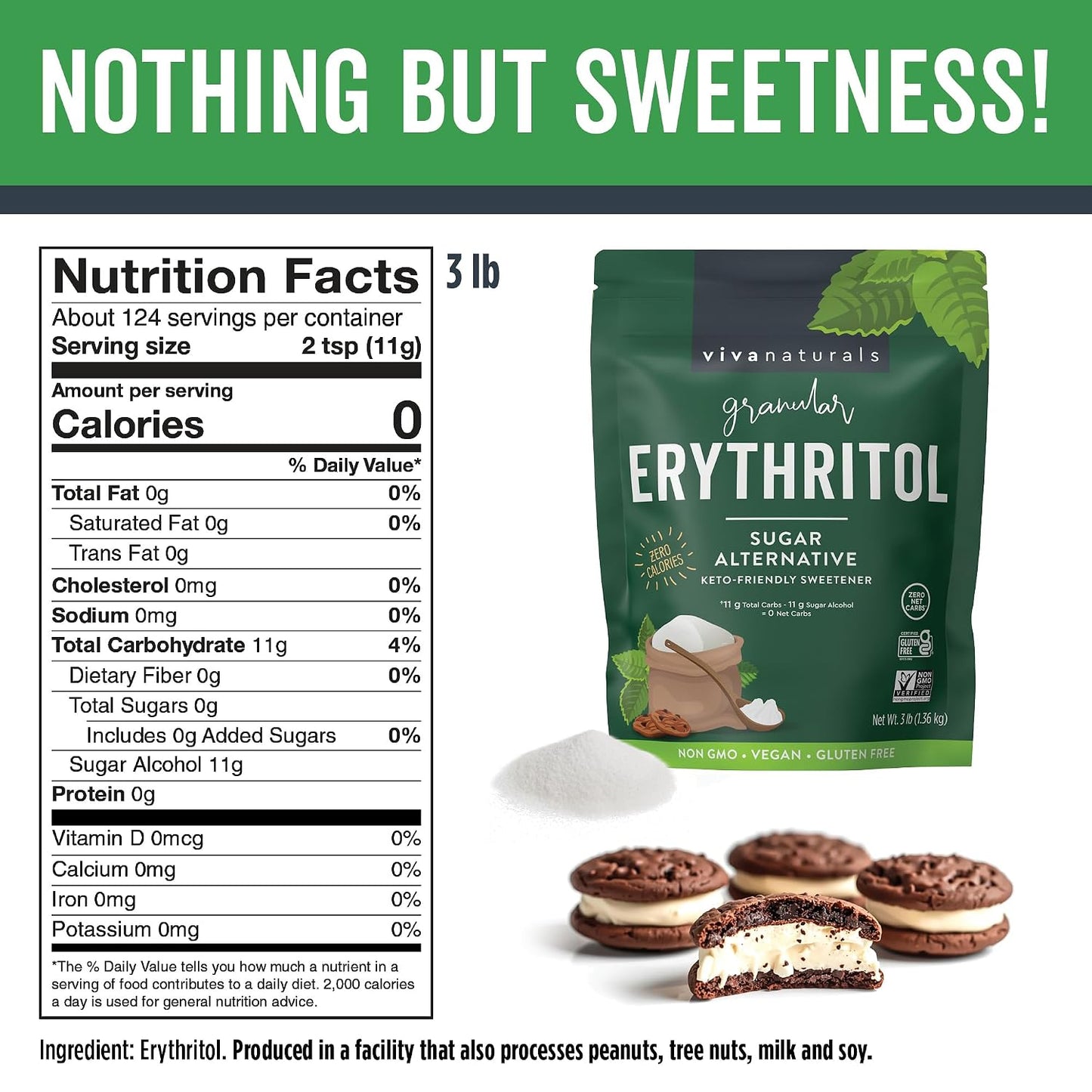 Viva Naturals Erythritol Sweetener, 3 lb – Zero Calorie Sugar Alternative, No Bitter Aftertaste, Low Glycemic Index, Ideal for Baking & Sweetening - Keto Friendly, Non-GMO
