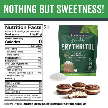 Viva Naturals Erythritol Sweetener, 3 lb – Zero Calorie Sugar Alternative, No Bitter Aftertaste, Low Glycemic Index, Ideal for Baking & Sweetening - Keto Friendly, Non-GMO