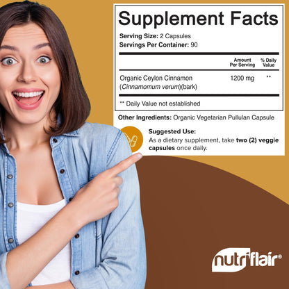 NutriFlair Organic Ceylon Cinnamon Supplement 1200mg, 120 Capsules - USDA Certified - Non-GMO, Gluten Free Powder, Antioxidant Pills