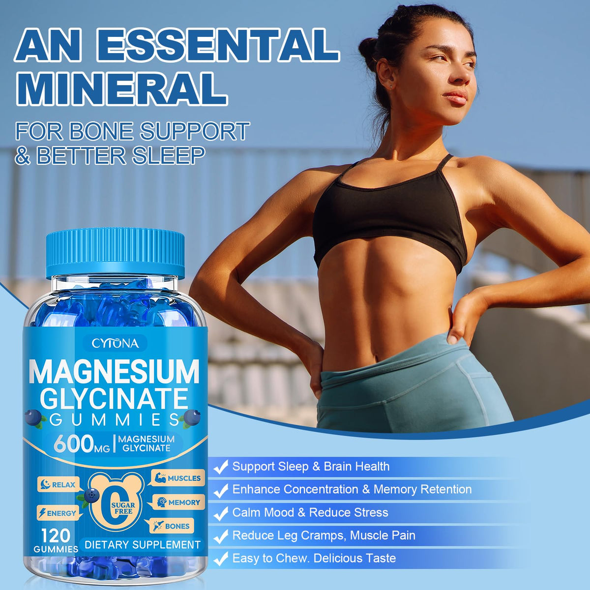 Magnesium Glycinate Gummies 600mg, Sugar Free Magnesium Gummies for Adults