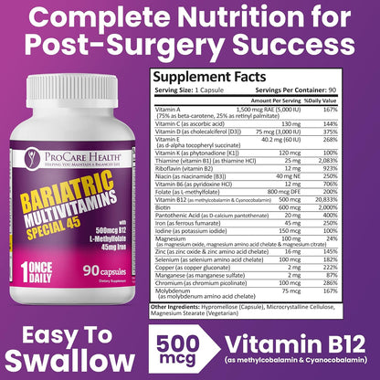 Special-45 Bariatric Multivitamin | Reduced B12 | Capsule | 90ct | Post-Op Bariatric Vitamins for Gastric Bypass, Sleeve, Duodenal Switch & Sustain Recovery (3 Month Supply) - Made in USA