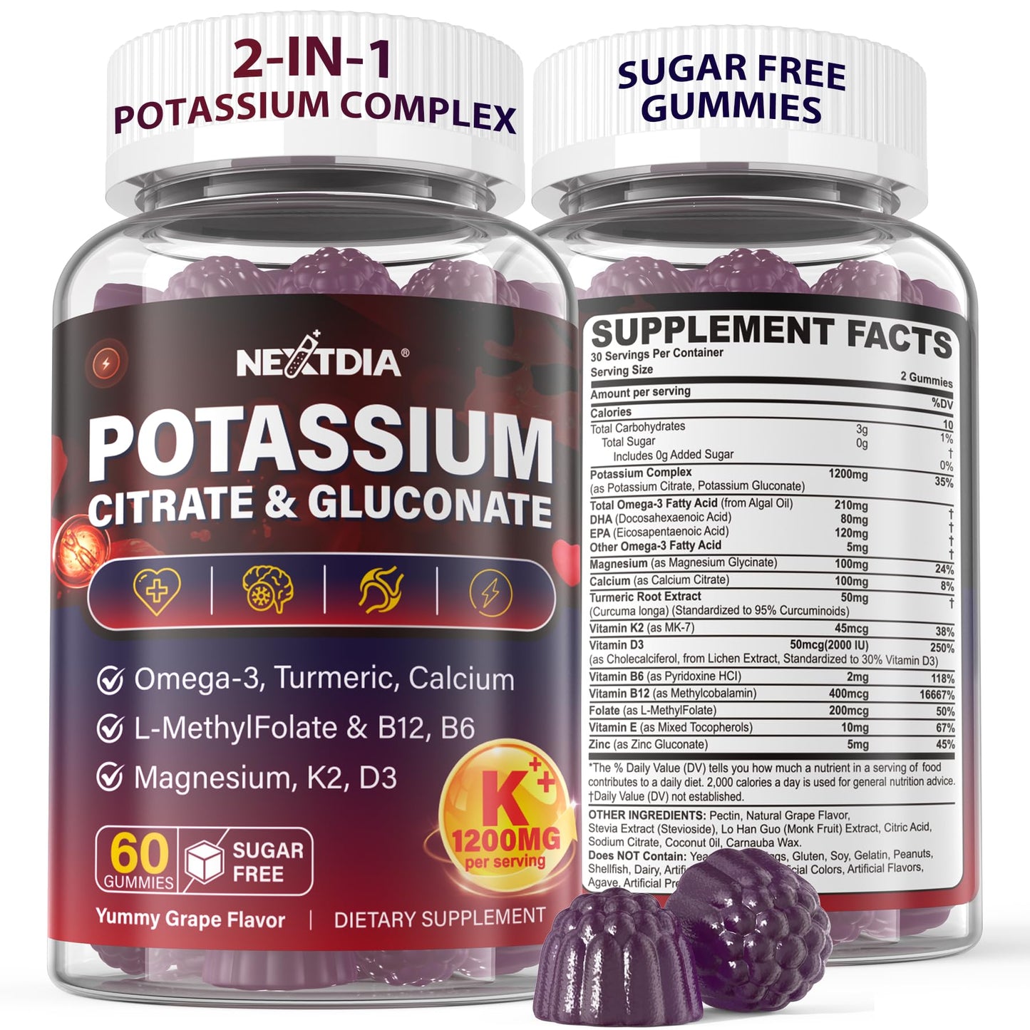 Potassium Citrate and Potassium Gluconate Supplement, 1200mg Two Forms of Potassium Gummies, w/Magnesium, Omega-3, Calcium, Vitamin D3 K2 B12 E B6, Folate for Mṵṣḉḷḙ, Nerves, Health Bones, 120Cts