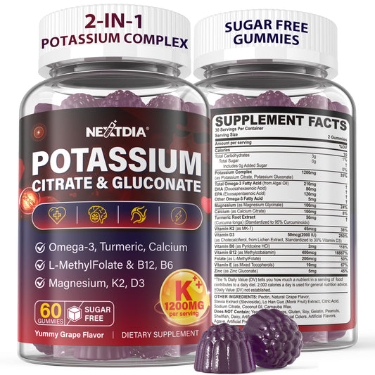 Potassium Citrate and Potassium Gluconate Supplement, 1200mg Two Forms of Potassium Gummies, w/Magnesium, Omega-3, Calcium, Vitamin D3 K2 B12 E B6, Folate for Mṵṣḉḷḙ, Nerves, Health Bones, 120Cts