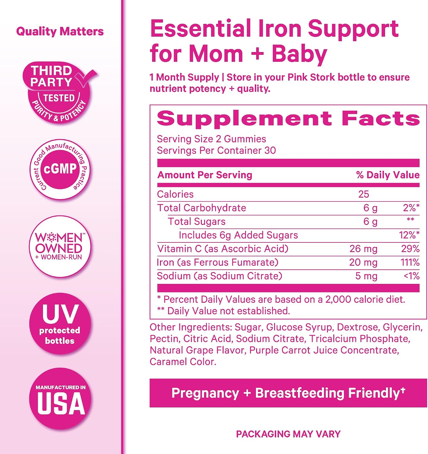Pink Stork Prenatal Iron Supplement Gummies for Women - 20 mg with Vitamin C - Grape Chewable for Deficiency, Energy, & Blood Builder - 60 Gummy Chews