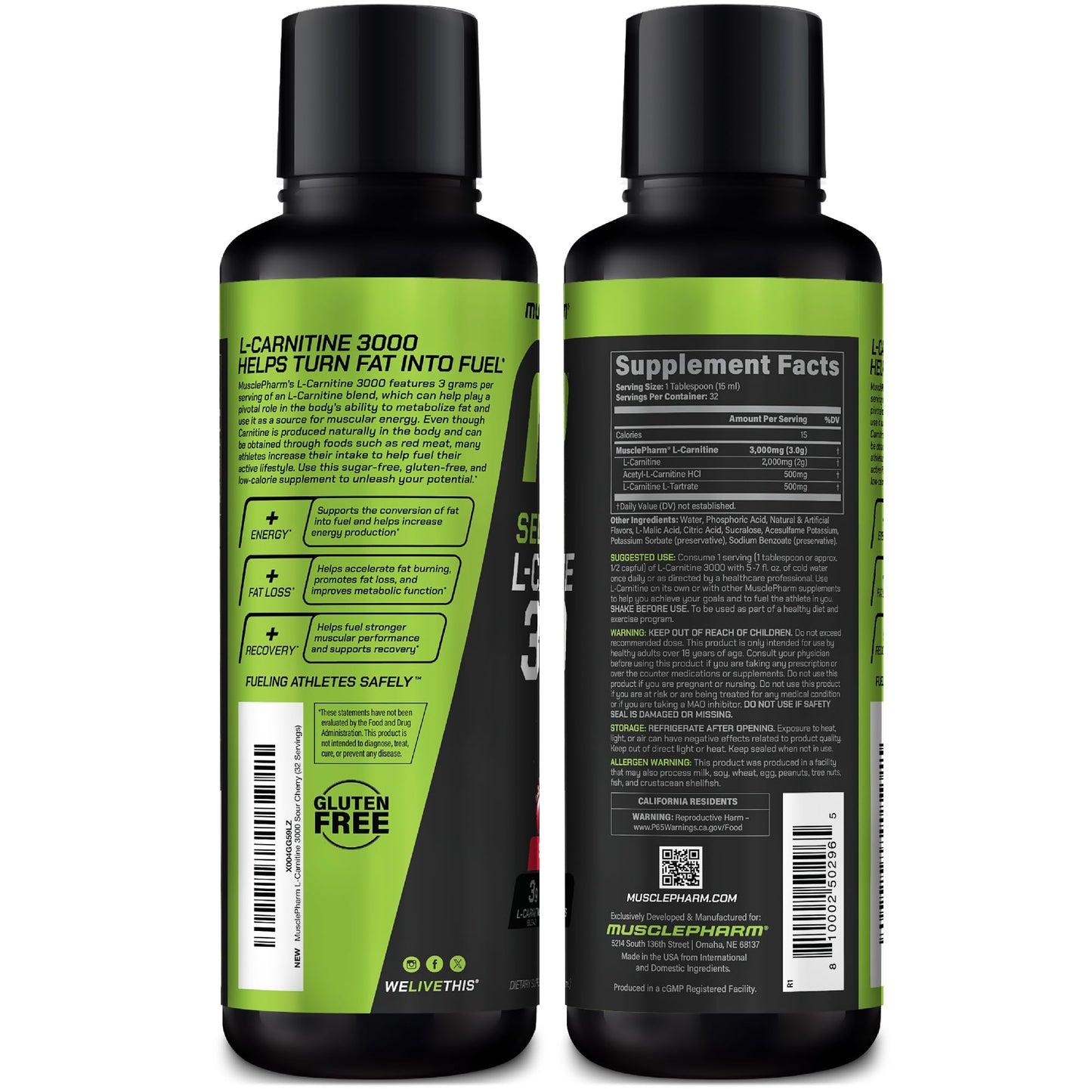 Muscle Pharm L-Carnitine 3000, The Ultimate Liquid L Carnitine Supplement for High-Performance, Supports Metabolism, Hydration & Energy, Zero Sugar, Low Calories, Sour Cherry Flavor, 32 Servings