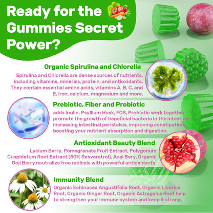 Super Greens Multivitamin Gummies, Greens Superfood Gummies w/Spirulina, Chlorella, Multivitamins, Prebiotic Fiber, Adaptogens, Adults Vitamins for Gut Health, Immunity, Focus & Energy, 120Cts