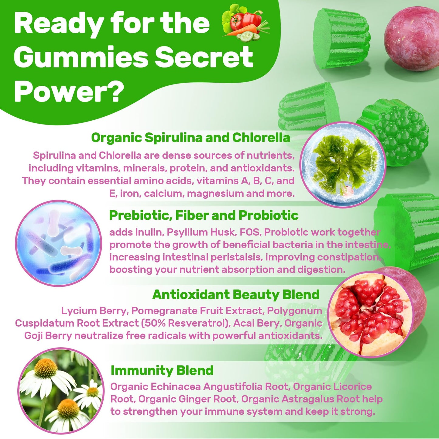 Super Greens Multivitamin Gummies, Greens Superfood Gummies w/Spirulina, Chlorella, Multivitamins, Prebiotic Fiber, Adaptogens, Adults Vitamins for Gut Health, Immunity, Focus & Energy, 120Cts