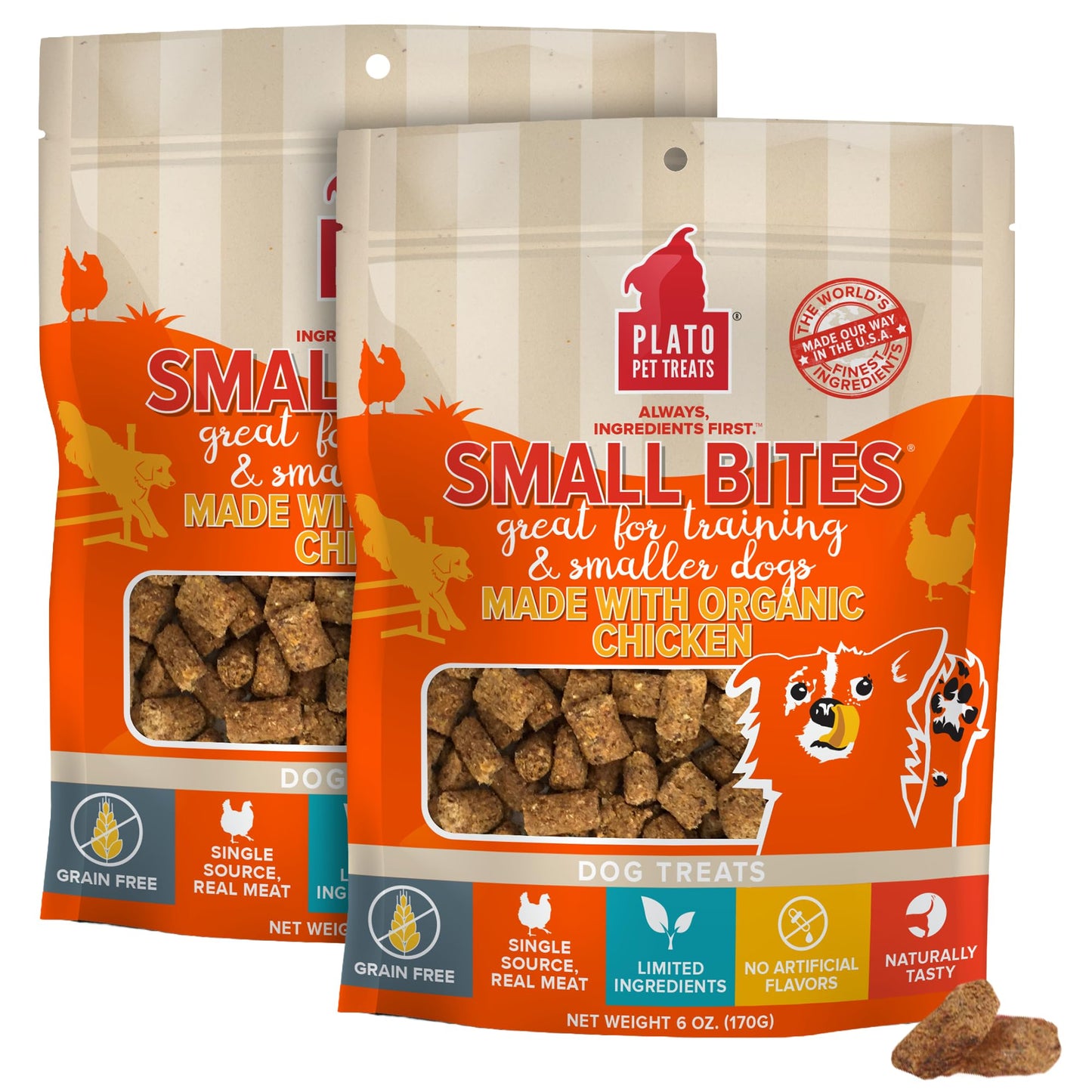 PLATO Pet Treats Small Bites - Air-Dried Training Treats for Dogs - Supports Healthy Digestion - Limited Ingredients - Organic Chicken 6oz - 2 Pack