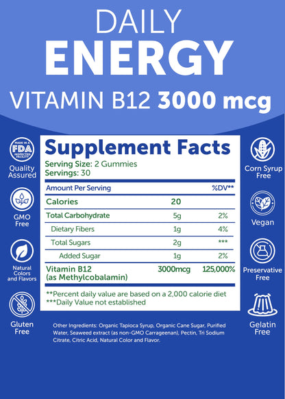 Lunakai USA Made Vegan Energy Gummies – Daily Energy Supplements, 60ct | Non-GMO 3000mcg Vitamin B12 Gummies for Women & Men – for Home or On‑the‑Go Use