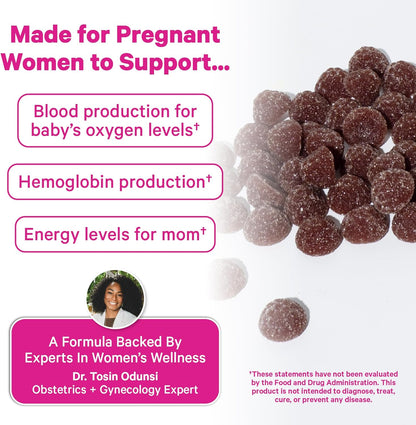 Pink Stork Prenatal Iron Supplement Gummies for Women - 20 mg with Vitamin C - Grape Chewable for Deficiency, Energy, & Blood Builder - 60 Gummy Chews